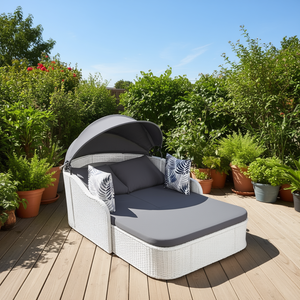 Chaise longue d'extérieur réglable avec auvent, en rotin PE, lit de jour en osier blanc avec coussin gris, mobilier de patio - Product Image 2