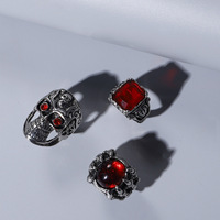 Bague trois pièces pour homme, style européen et américain, personnalisée, en alliage plaqué argent antique, forme géométrique, rubis rouge