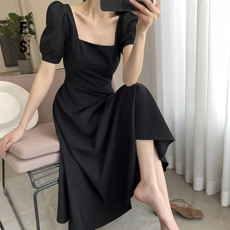 Shop Our French Style Retro Dress - Solid Color & Square Collar