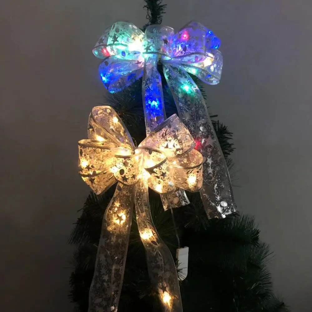 Handmade Ribbon Bow Tree Decoration Pendant Ornaments Christmas Ribbon Lights String Led