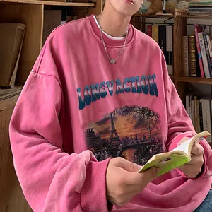 Hot OEM Wholesale Men Digital Printing Street-wear Sweatshirts Pullovers 100% Cotton Oversize Acid Wash Vintage Sweatshirt