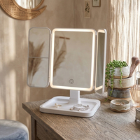 Miroir cosmétique de bureau compact pliable à LED, miroir de maquillage éclairé à grossissement, finition chromée, cadre en ABS
