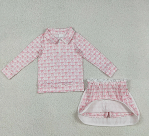 Kids GLD1014 <b>Pink</b> <b>Bows</b> Plaid Long Sleeve Zipper Top Skirts Shorts Girls Clothes Set - Product Image 2