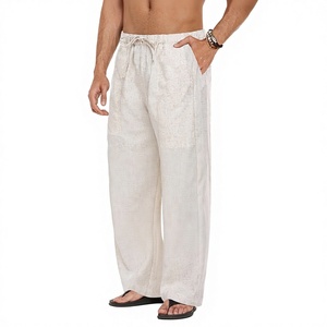 Pantaloni Larghi da <span class=keywords><strong>Uomo</strong></span> in Lino Casual, Leggeri in Tela Tinta Unita con Elastico in Vita e Coulisse, Servizio OEM, Estivi da Spiaggia - Vendita all'Ingrosso - Product Image 1
