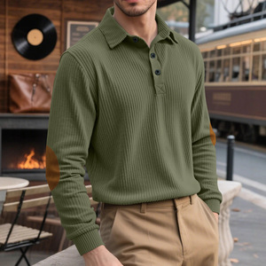 Polo à manches longues côtelé pour homme avec col boutonné et empiècements aux coudes pour un style décontracté en automne et en hiver - Product Image 2