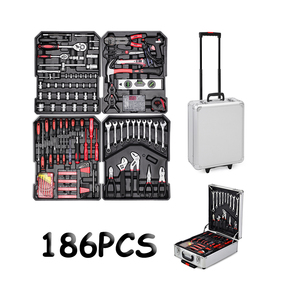 Ensemble de boîte à outils en aluminium de 186 pièces avec roues, essentiels pour la réparation automobile, y compris une faucille, emballage en boîte rigide - Product Image 1