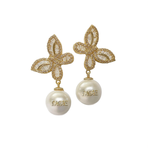 Orecchini pendenti Iacae con fiore, placcati oro, con perle finte AAA rotonde, da donna, classici, in lega di zinco E3374 - Product Image 1