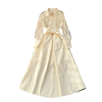 Robe longue vintage élégante à col polo brodée de dentelle pour femme, robe midi texturée à taille nouée pour l'été