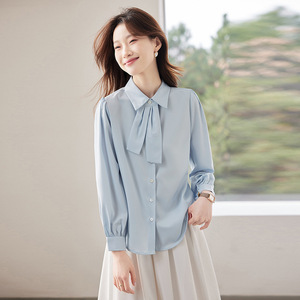 Blue Satin Shirt Women Long Sleeve Solid Color Office Wear Polyester Fabric Q9960 - Product Image 3