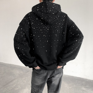 Sudadera con Capucha Personalizada, Completamente Adornada con Pedrería, Moderna, Negra, con Cuentas en Relieve, 100% Algodón, Tejida, Holgada, Transpirable, para la Temporada de Invierno - Product Image 1