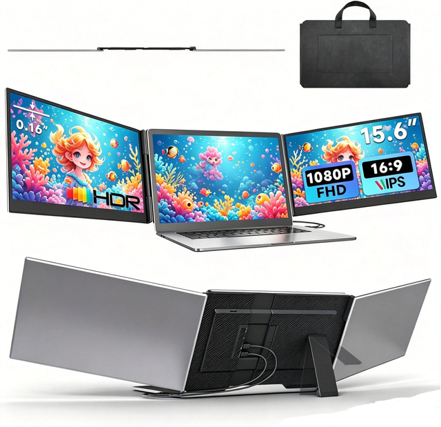 Triple Laptop Screen Extender,15.6" IPS Portable External Screen,Two Cable USB C Travel Expansion Screen for 14-17'' Laptop