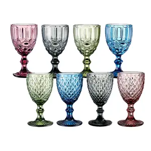 Machine press antique engraved ruby diamond wine glass stemware goblet with spray color decorative wine glass