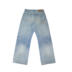 جينز رجالي فضفاض بأرجل واسعة بتصميم عتيق وصديق للبيئة بلون أزرق فاتح مخصص للملابس الشبابية - Product Image 2