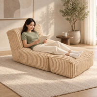 Canapé pouf en velours côtelé large beige moderne en forme de L avec repose-pieds, chaise longue compressée sous vide pour salon et appartement