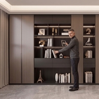 Bibliothèque modulaire minimaliste moderne en bois foncé avec panneau arrière cannelé et étagères LED