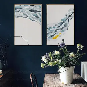 Pintura em tela com impressão de arte para parede, pintura nórdica simples abstrata de peixes, posteres e impressão de arte para sala de estar, imagem decorativa minimalista