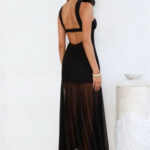 Vestido Maxi Personalizado para Mujer, sin Tirantes, con Cuello Halter, de Malla, Negro, para Fiesta o Noche - Product Image 3