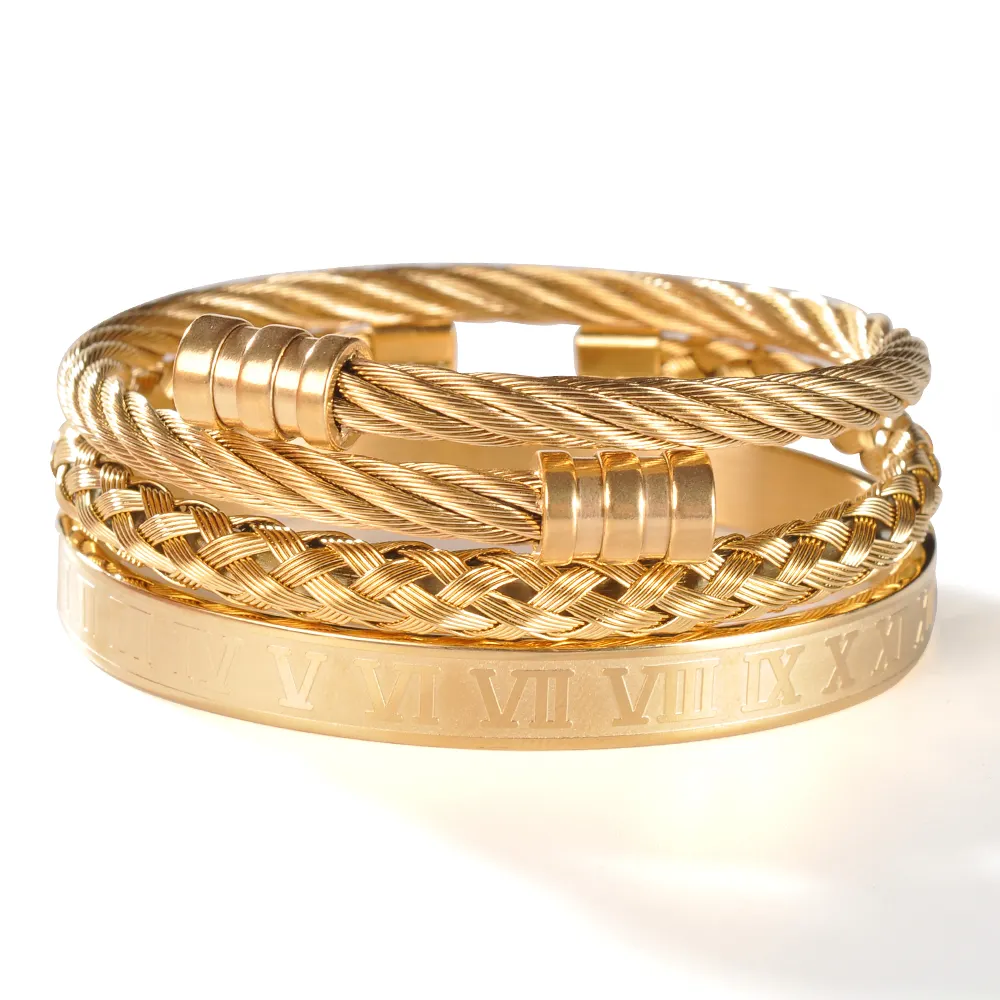 F191 3 piezas de moda clásico de acero inoxidable real romano brazaletes de joyería y plateado de lujo personalizados hombre al por mayor brazalete de oro pulseras