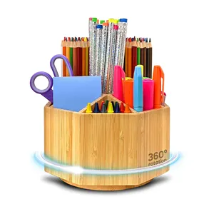Bamboo Pencil Organizer Desk Tabletop Pencil Holder Desk Art Supply Storage Kids Marker Pen Holder Art Caddy Pen Cup Rotating