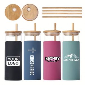 Gobelets en verre sans BPA avec manchons de protection en silicone, couvercles en bambou, pailles, écologiques, différentes capacités, gobelets personnalisés - Product Image 4