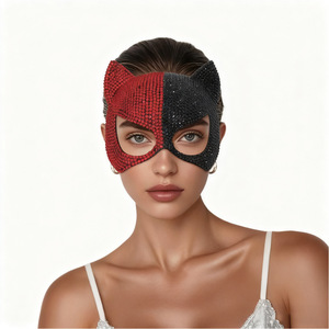 Máscara de gato y zorro con diamantes de imitación para fiesta de disfraces de Halloween, cubrecara de plástico brillante y adorable con orejas - Product Image 3