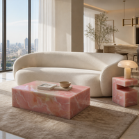 Table basse et table d'appoint à plusieurs niveaux en marbre onyx rose de luxe, ensemble de meubles de salon en pierre naturelle translucide