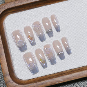 <span class=keywords><strong>Uñas</strong></span> postizas artesanales de ataúd medio, <span class=keywords><strong>azul</strong></span> hielo ombré, arte 3D translúcido de rosa y brillo aurora, <span class=keywords><strong>uñas</strong></span> elegantes para novias al por mayor - Product Image 2