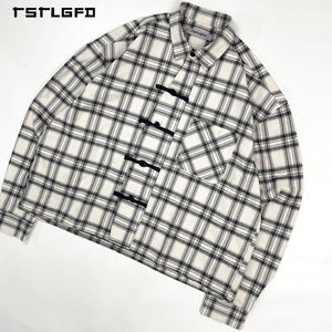 Chemise surchemise écologique à carreaux style Tang pour homme, personnalisée, avec fermeture boutonnée dissimulée, en tissu mélangé de coton, manches longues, poids moyen, Kung Fu - Product Image 2