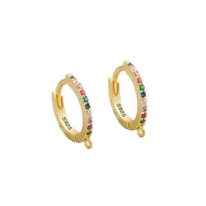 קרליין טרנדי S925 מעוגל בצבע כסף עגול זירקון מיני חישוק עגילי חישוק עם טבעת זהב בציפוי תכשיטים לנשים