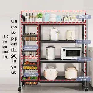 Étagère de <span class=keywords><strong>rangement</strong></span> de cuisine mobile et durable à quatre niveaux en acier au carbone noir, pour légumes et casseroles, à poser au sol - Product Image 4