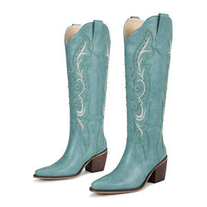<span class=keywords><strong>Botas</strong></span> Vaqueras WETKISS para <span class=keywords><strong>Mujer</strong></span>, con Punta en Pico, Remaches y Bordados, <span class=keywords><strong>Botas</strong></span> Altas hasta la Rodilla, Tacón Grueso Vintage, para Verano - Product Image 4