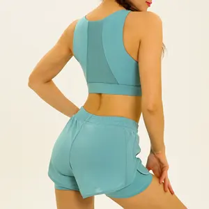 PT thể thao tập thể dục phòng tập thể dục Áo ngực lưới thiết kế vest hình dạng Quần short đôi lớp phụ nữ đặt hai mảnh