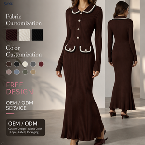 Robe longue décontractée sirène deux pièces en maille côtelée avec col <span class=keywords><strong>Peter</strong></span> <span class=keywords><strong>Pan</strong></span> et bordure de perles, taille haute, pour femme, style business décontracté, personnalisable - Product Image 1
