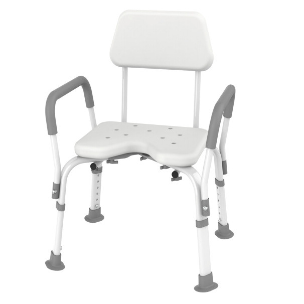 Asiento blanco con capacidad de carga de 350 kg y respaldo de acero inoxidable.