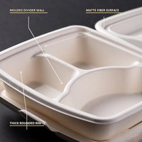 Boîte alimentaire jetable en pulpe de canne à sucre de 9 pouces à 3 compartiments avec couvercle en papier pour service de repas en cantine et cafétéria