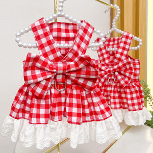 Pet Dog Plaid Dress With Bow And Lace <b>Skirt</b> For Small Breeds Like Pomeranian Bichon Frise Teddy - Product Image 4