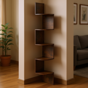 Étagère d'angle flottante rustique marron à 5 niveaux, organisateur de rangement mural en bois pour salon, 33x15x85cm, laqué durable - Product Image 2