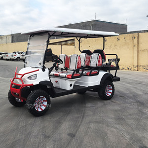 Voiturette de golf électrique surélevée 6 places, blanche et rouge, avec toit complet, sièges rembourrés et rayés, pour utilisation extérieure multi-passagers - Product Image 2