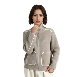 Áo khoác cardigan len dệt kim nữ cổ điển kẻ sọc có khóa kéo, chất liệu len 100%, dày dặn, ấm áp, có túi - Product Image 1