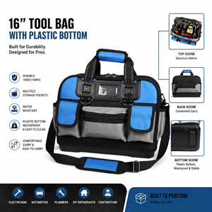 Sac à outils robuste de 16 pouces 1680D à large ouverture avec fond en plastique rigide imperméable - Product Image 1
