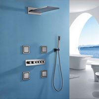 Robinetterie thermostatique en cuivre brossé doré, ensemble de douche mural avec pommeau de douche cascade et pluie, installation encastrée, design minimaliste