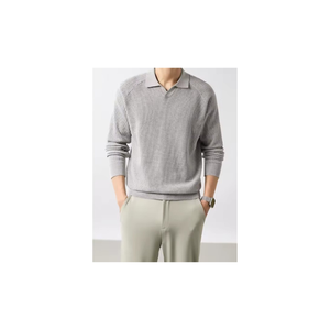 Men’s 100% Cotton Long Sleeve Knit Shirt Turn-<b>Down</b> Collar Beaded Detail Spring Autumn Versatile Top - Product Image 6