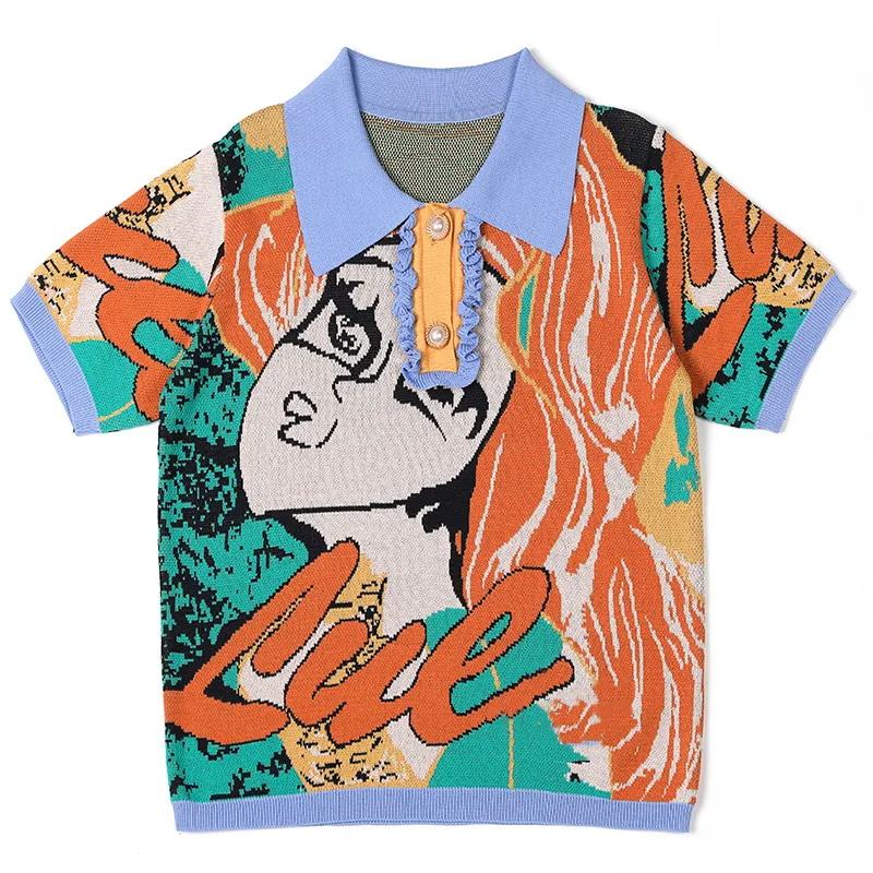 Custom oem&odm beads button v neck knit polo shirt jacquard pattern women short sleeve sweater