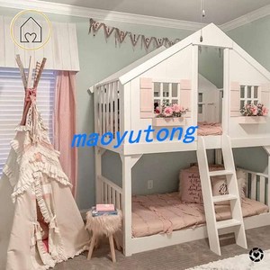 White <b>Wooden</b> House <b>Bunk</b> <b>Bed</b> With Ladder For Kids Bedroom Furniture - Product Image 1