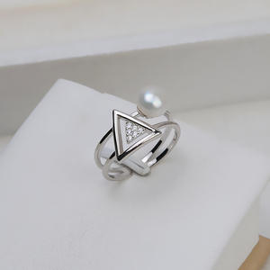 Bague en argent S925 avec diamant taillé en triangle ouvert, incrustation de perle de cheveux vivants 7-8, plateau creux tendance, accessoires semi-finis DIY 1456 - Product Image 1
