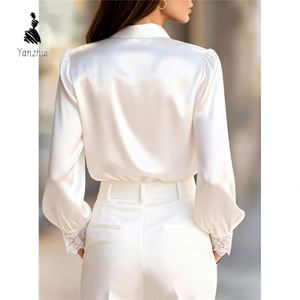 세련된 니치 레이스 V넥 퍼프 슬리브 블라우스 우아한 여성용 셔츠 - Product Image 3
