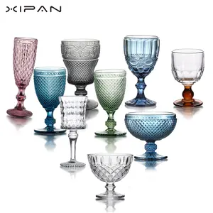 Синий Янтарный бокал для вина классический ретро дизайн цветная стеклянная посуда 2024 горячая Распродажа тиснение Винтаж для свадебной вечеринки стакан для воды GB001