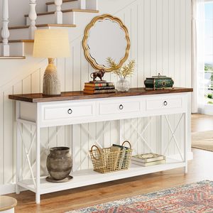 <span class=keywords><strong>Table</strong></span> <span class=keywords><strong>console</strong></span> style farmhouse <span class=keywords><strong>de</strong></span> 180 cm avec 3 tiroirs et étagère <span class=keywords><strong>de</strong></span> rangement, idéale pour l'entrée, le couloir, le hall ou derrière le canapé, couleur blanc et marron - Product Image 1