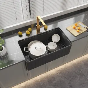 Modern siyah lavabo tarzı dikdörtgen mutfak lavabo çiftlik ev lavabo Fireclay çizgili 33 inç