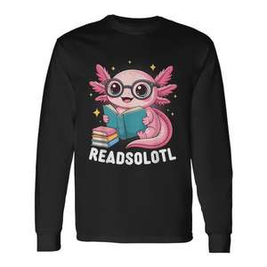 Readsolotl Kawaii Axolotl Reading Book Lover Camiseta de manga larga para adultos, unisex, cuello redondo, impresión digital, regreso a la escuela - Product Image 1